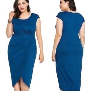 Torrid Shirred Tulip Dress Womens 2X Blue Jersey Knit Faux Wrap Stretch